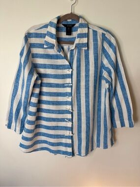Ali Miles Blue White Striped Linen-Blend button up Shirt size M 3/4 sleeve Linen